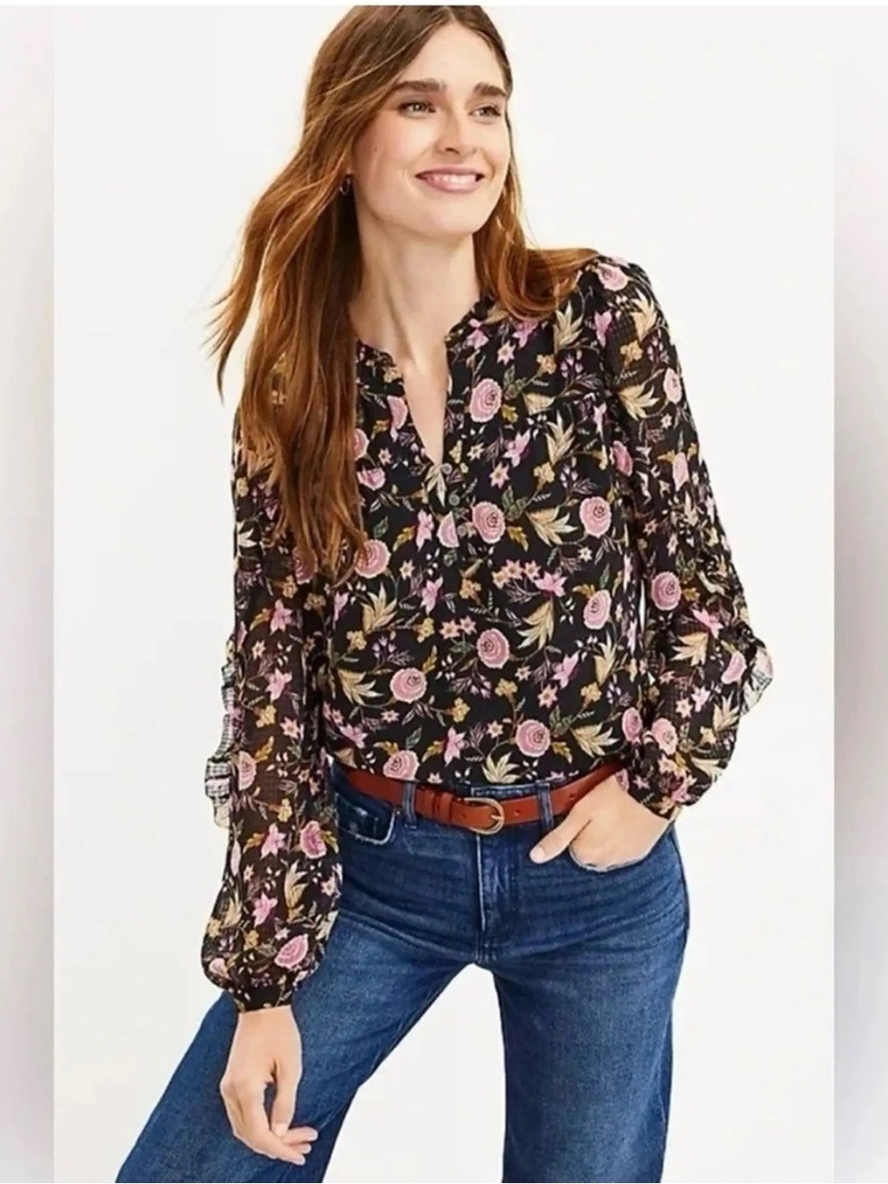 LOFT Floral Ruffle V-Neck Long Sleeve Blouse Black Pink Size M NWT